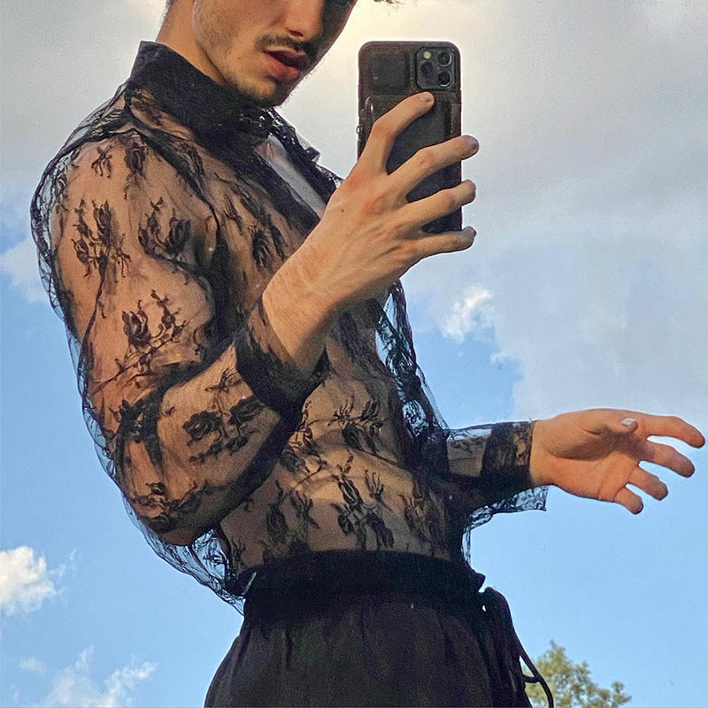 Men's See-Through long-sleeved lace shirt