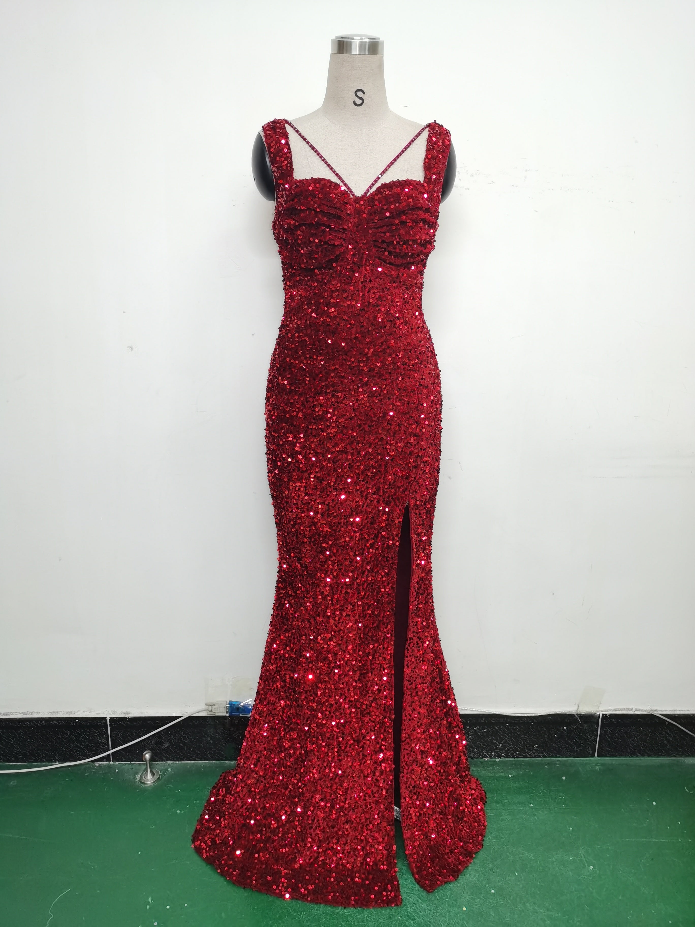 Luxury strap sequined long evening gown 37