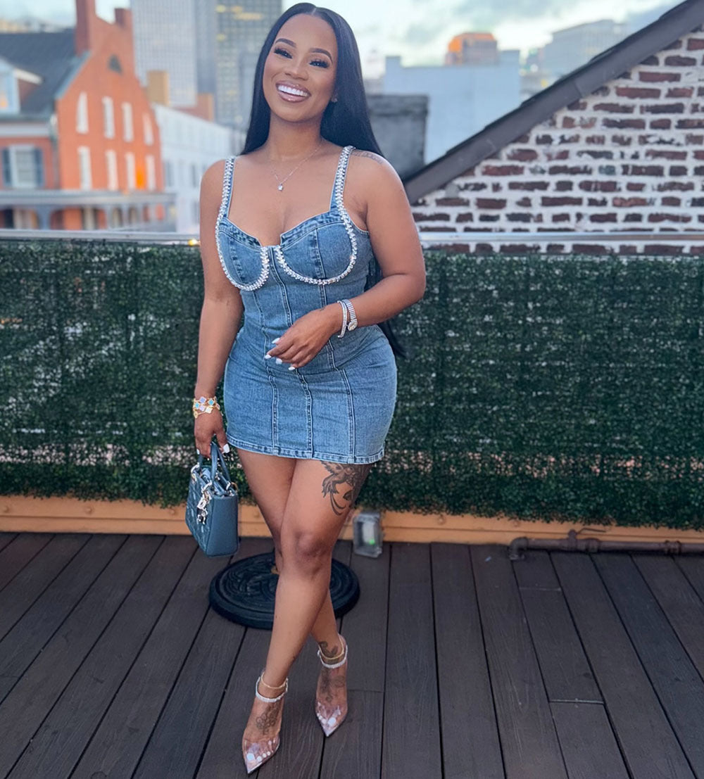 Women's Denim Strap Dress Summer Fashion Sexy Diamond Embellished Short Dress