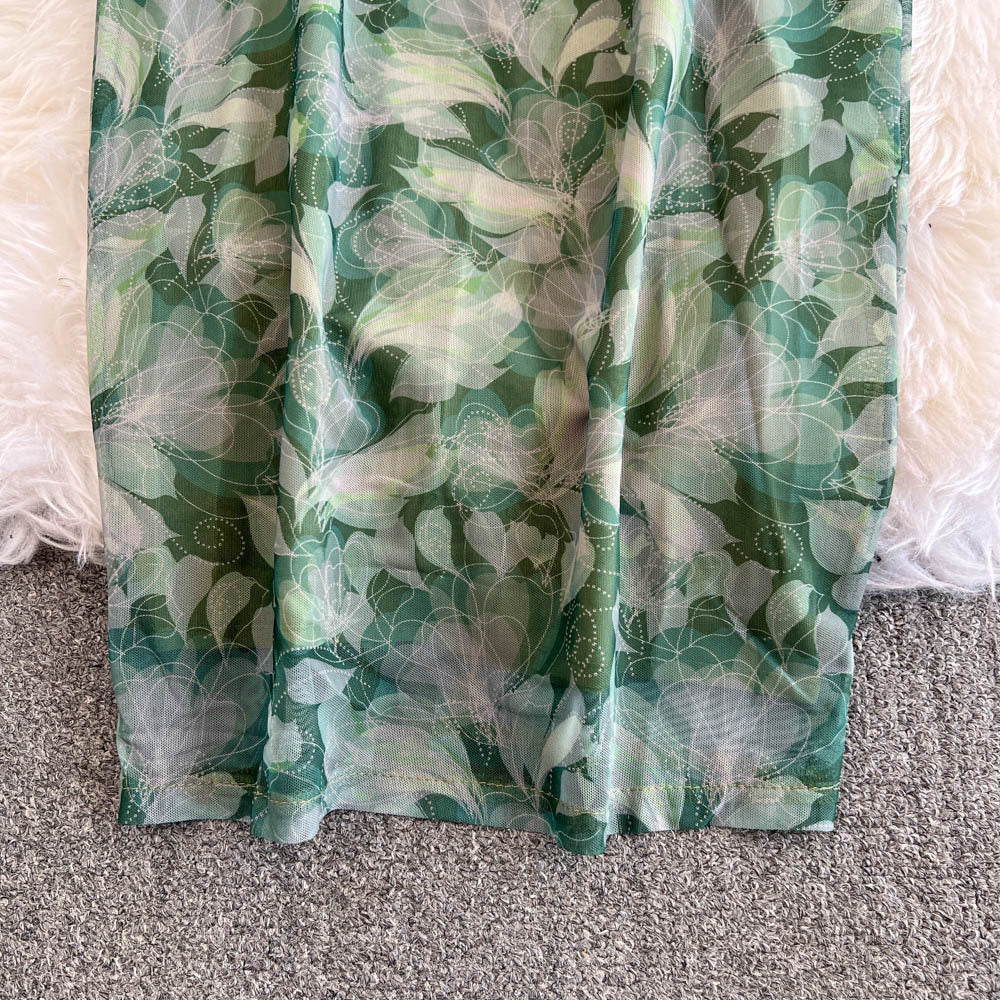 Women French Style Long-Sleeved V-Neck Lace-Up Maxi Print Bodycon Dress 18