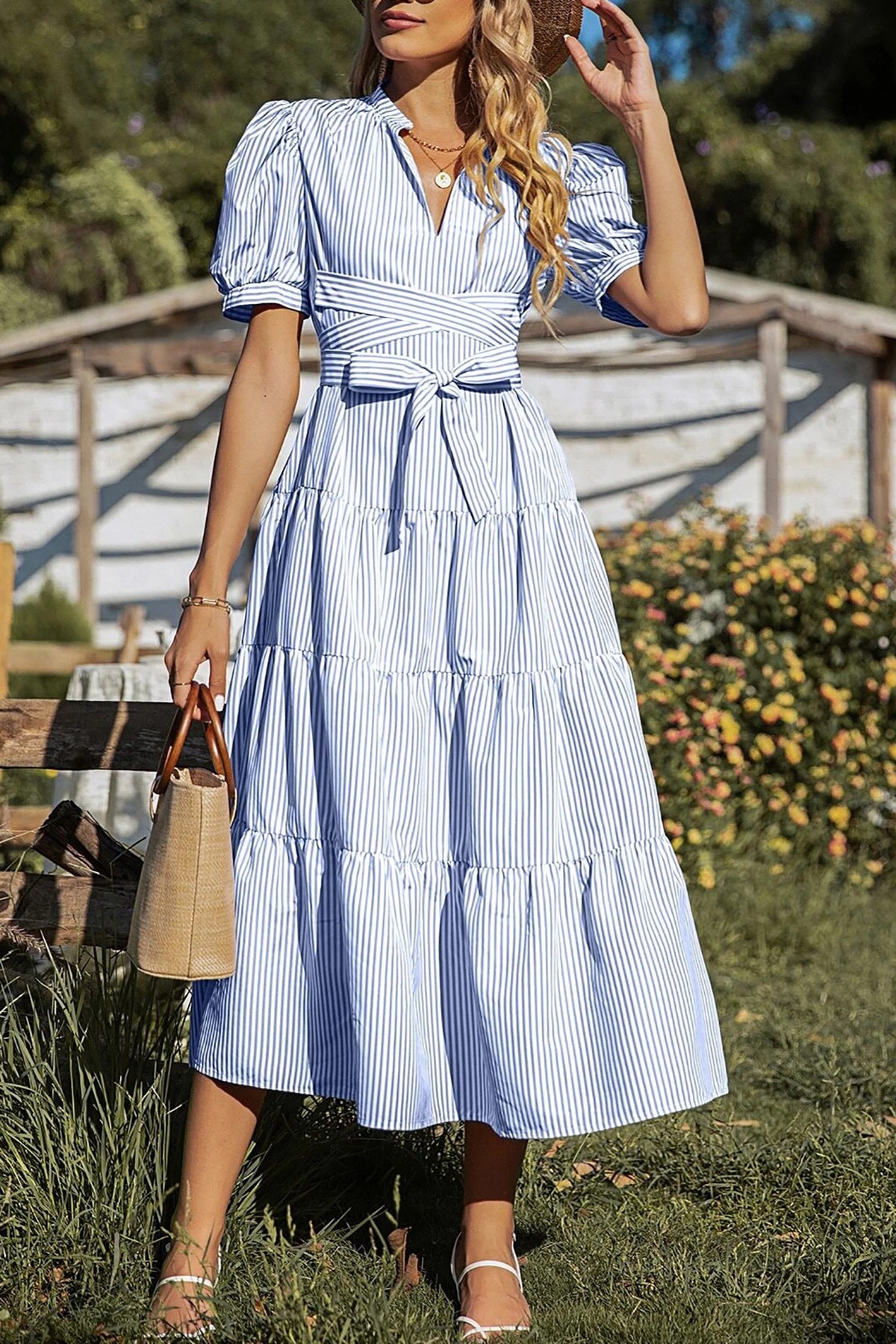 Women High Waist Striped Printed Short Sleeve Dress 3