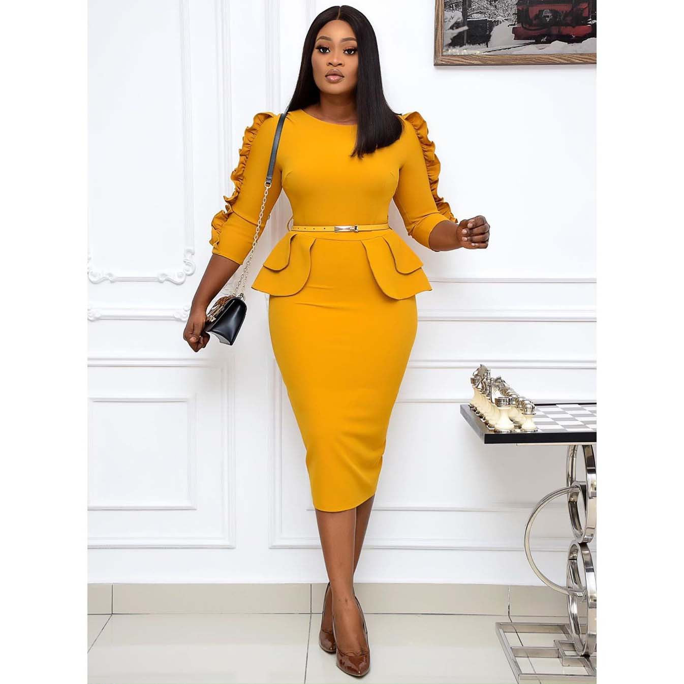 Plus Size Women Ruffle Edge Patchwork Sexy Dress With Belt 7