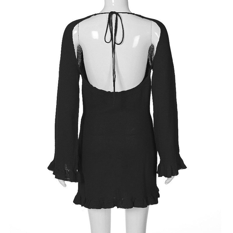 Winter Sexy Knitting Tie Low Back Bell Bottom Long Sleeve Solid Color Dress 21