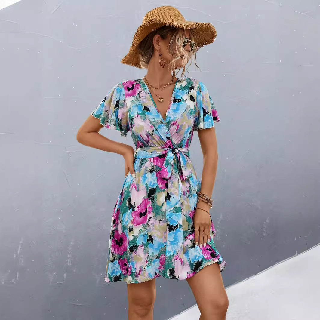 Spring Women's Print Lace-Up Short Sleeve Dress 4