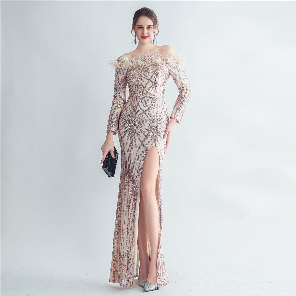 Feather Sequins Off Shoulder Long Sleeve Mermaid Evening Dress 15