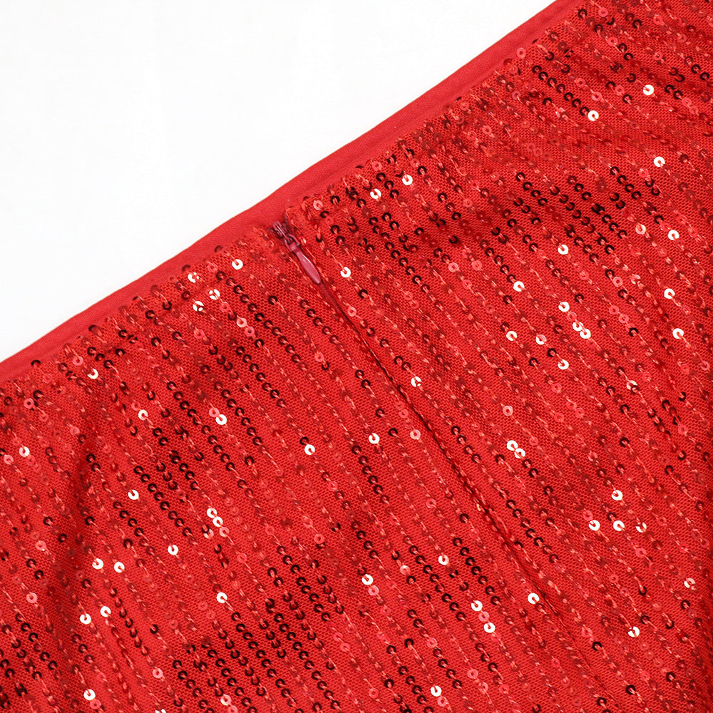 Fashionable Round Neck Mesh sequined long-sleeved top high slit skirt two-piece set for women 20