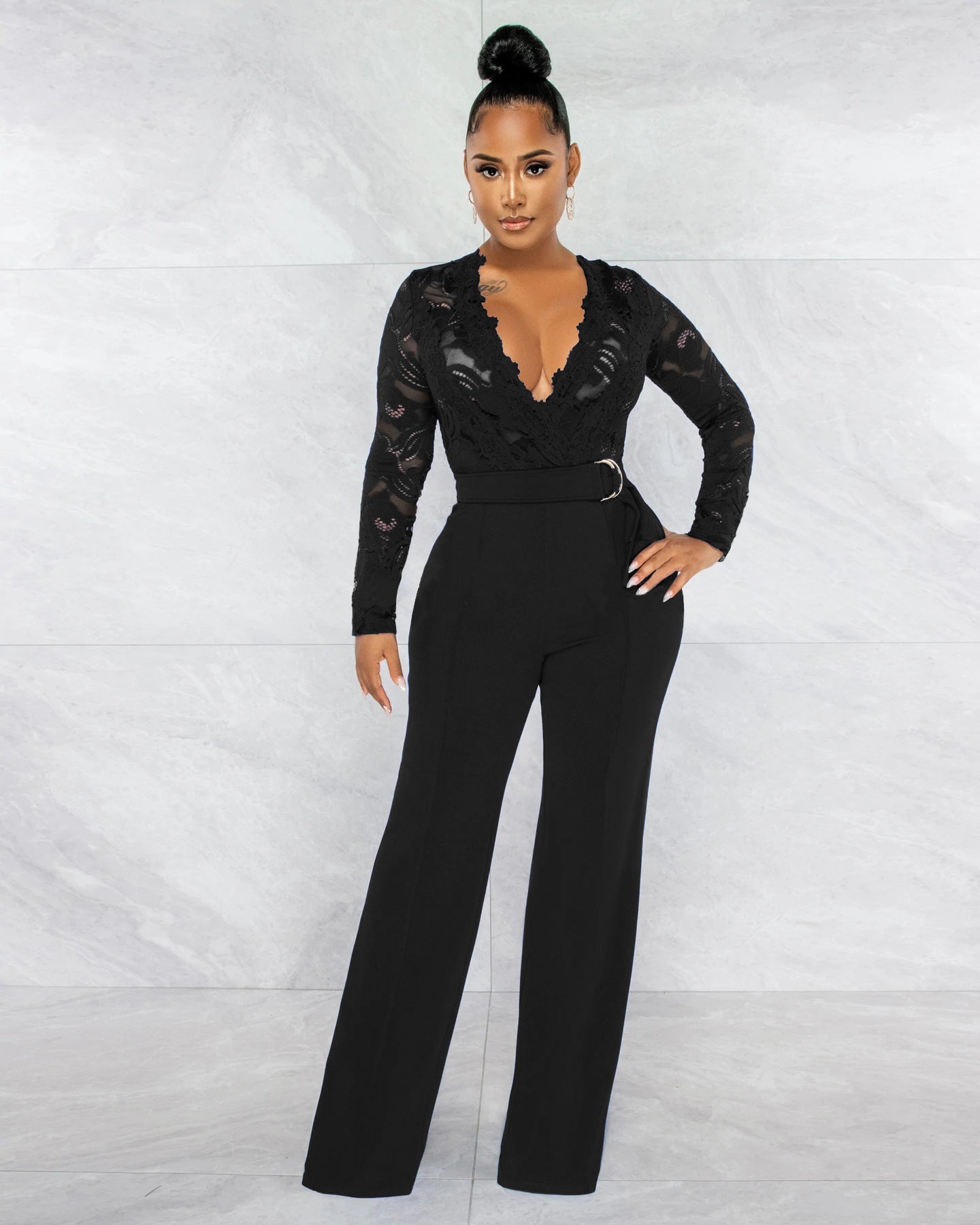 Fashion Sexy Casual Slim V-Neck Lace See-Through Jumpsuit 8
