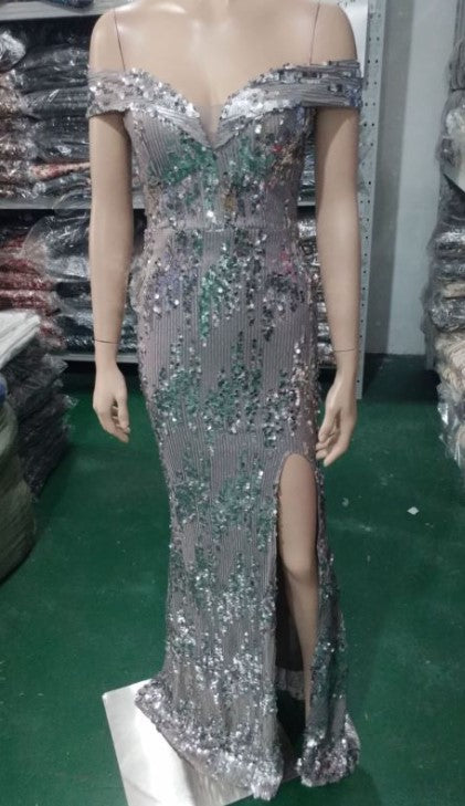 Fishtail Formal Party Elegant Chic Off Shoulder Slit Sequins Evening Dress 14