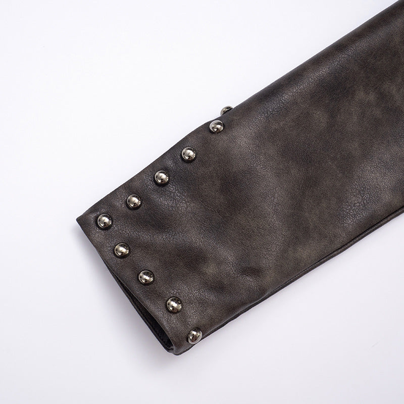 Women Autumn/Winter Pu-Leather Half-Open Collar Zippered Rivet Waist Crop Jacket 27