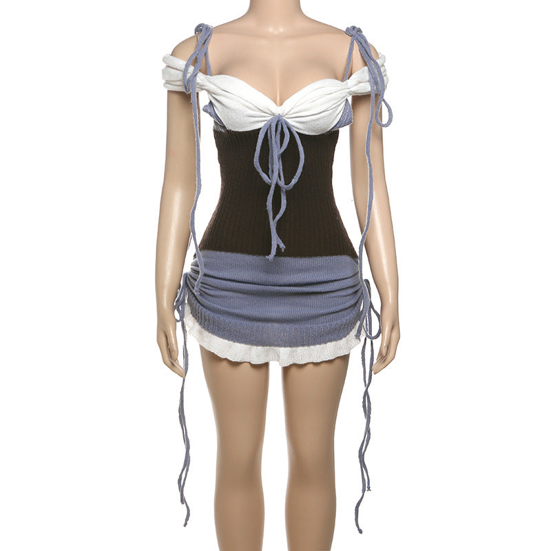 Spring Women Sexy V-Neck Lace-Up Contrast Color Bodycon Knitting Dress 8