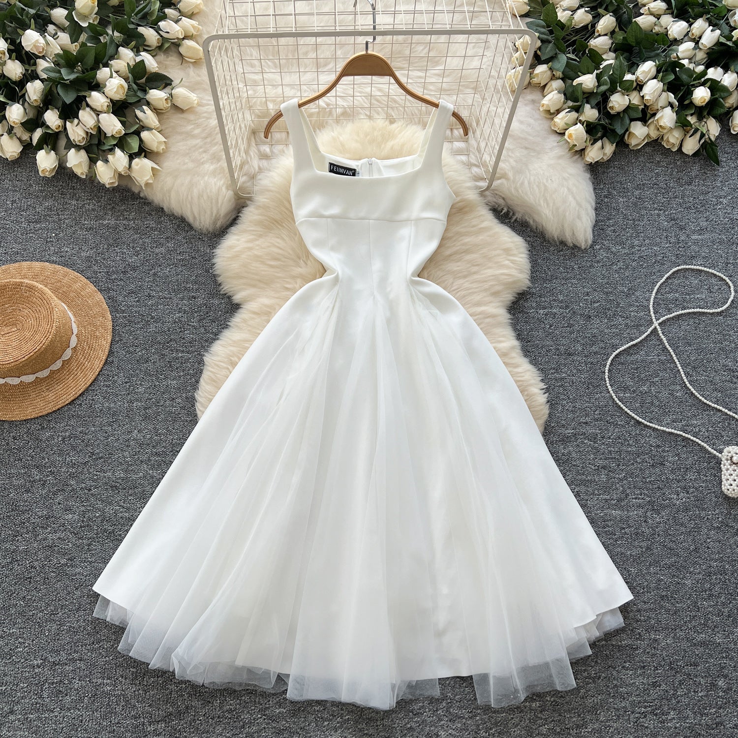 Women's Summer Square Neck Strap Mesh Patchwork Puffy Long Dress 6