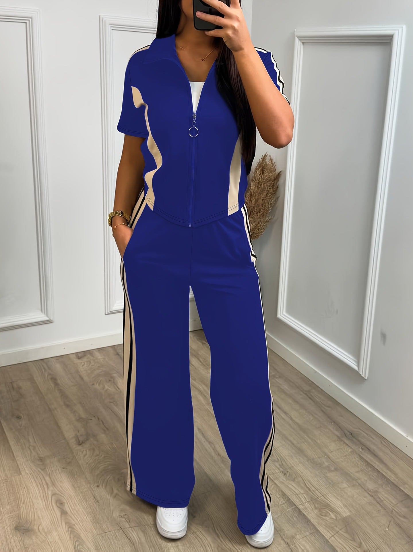 Spring/Summer Women's Casual Zip-Up Short-Sleeve Top & Elastic-Waist Pants Two Piece Set 3