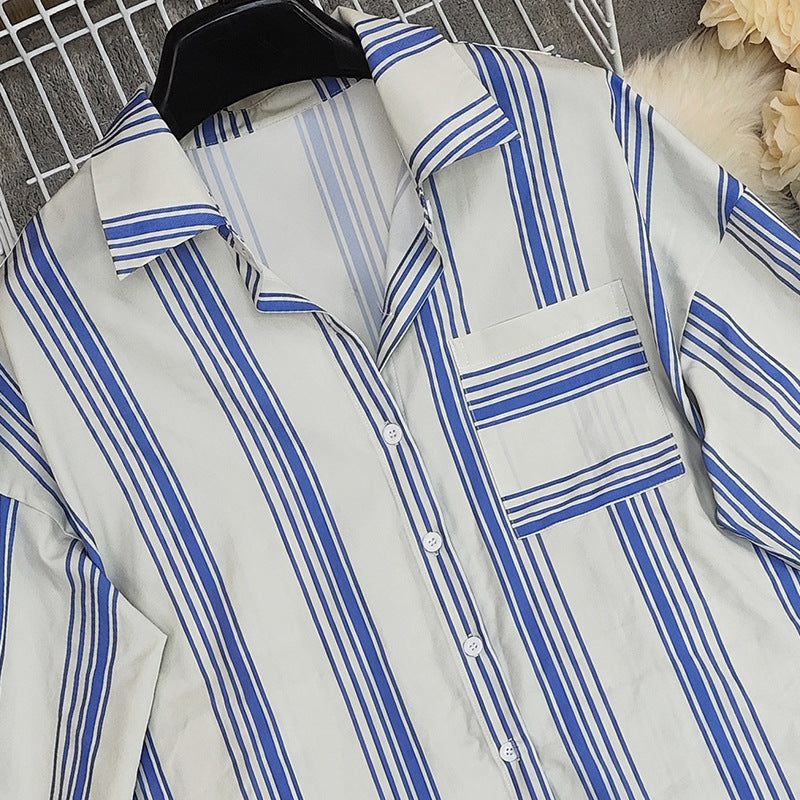 Women's Autumn Long Sleeve Shirt & Striped Shorts Casual Two-Piece Set 7