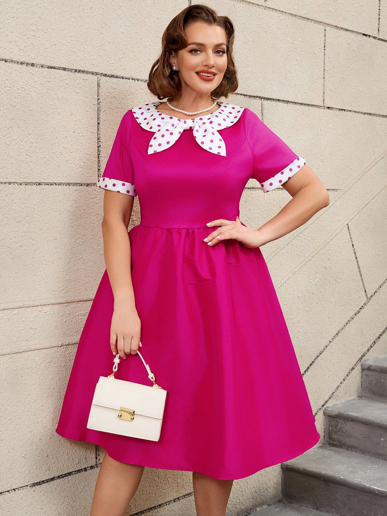 Plus Size Contrast Color Polka Dot Rose A-Line Career Dress 6