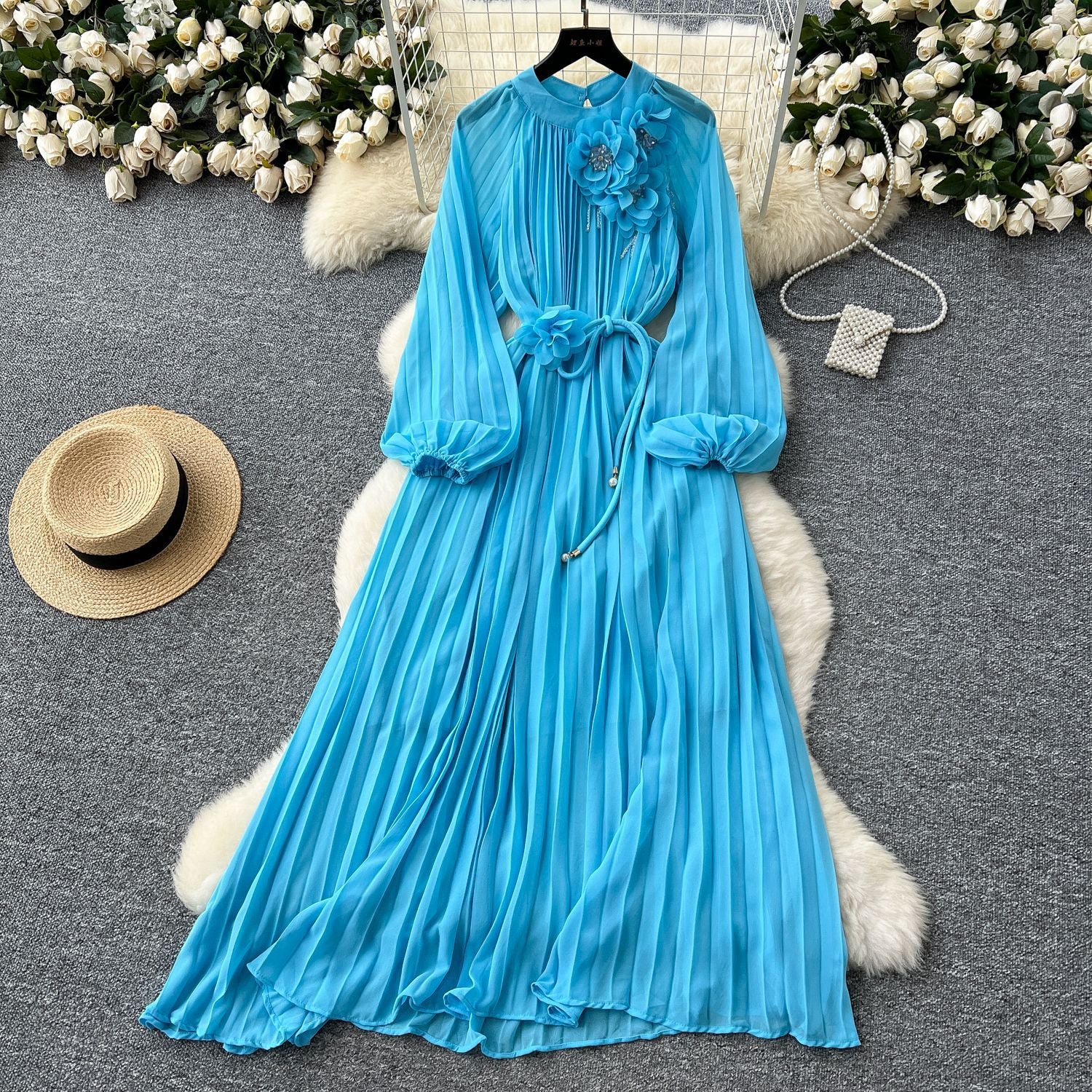 Elegant Women's Luxury Beaded Flower Belt Slim Waist Pleated Long Dress 5
