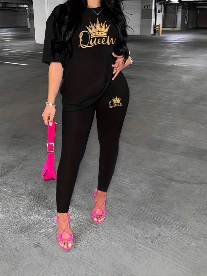 Women Gradient Crown Queen Letter Casual Print Summer Short Sleeve Top and Pants Two-piece Set 5