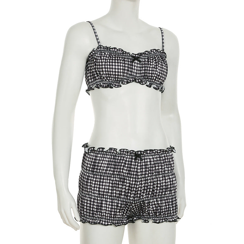 Women Summer Holidays Plaid Suspender Top Shorts Swimwear  Two-piece Set 9