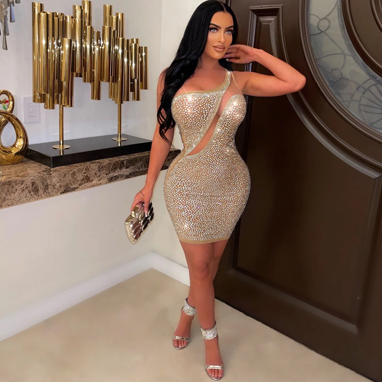 Women's sexy mesh beaded see-through nightclub dress 7