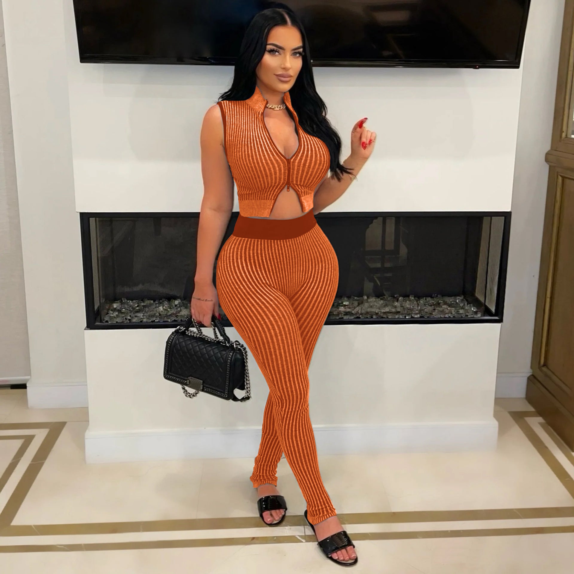 Women's Casual Sexy Knitting sleeveless Crop top High Waist Pants Two-piece Set 8