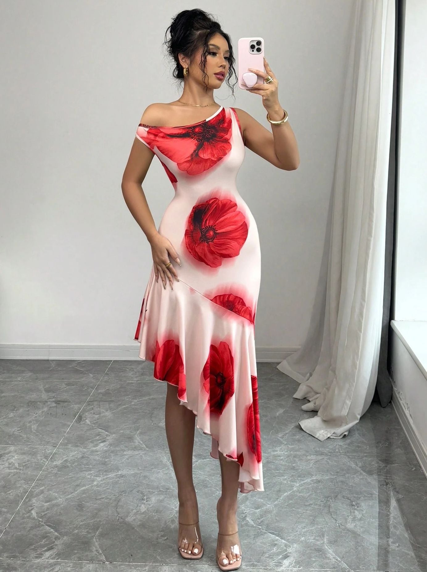 Women elegant asymmetrical floral Print dress