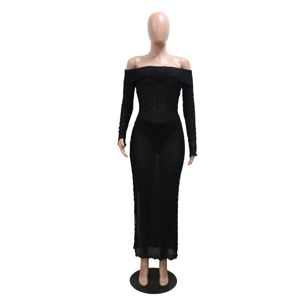 Summer Off Shoulder Slit Slim Sexy See-Through Dress With Underwear 9