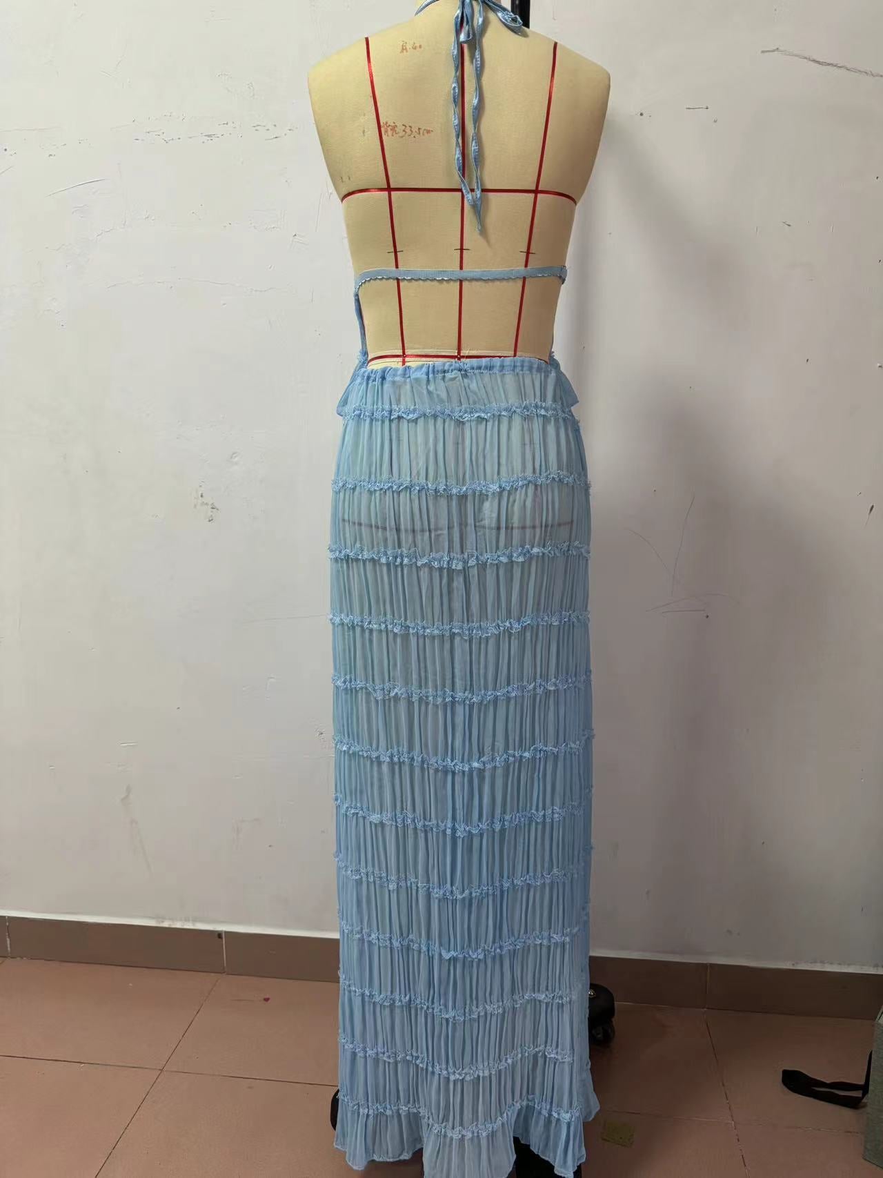 Women Spring Summer Casual Halter Neck Top and Long Skirt two-piece set 12