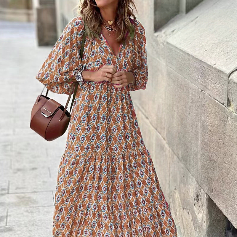 Women Summer Geometric Patch Puff Sleeve Dress 15