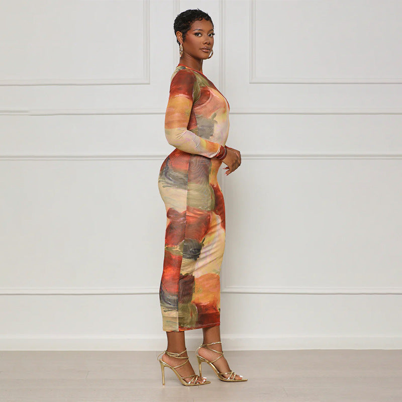 Women suspender skirt sexy Mesh abstract print long-sleeved dress two-piece set 4