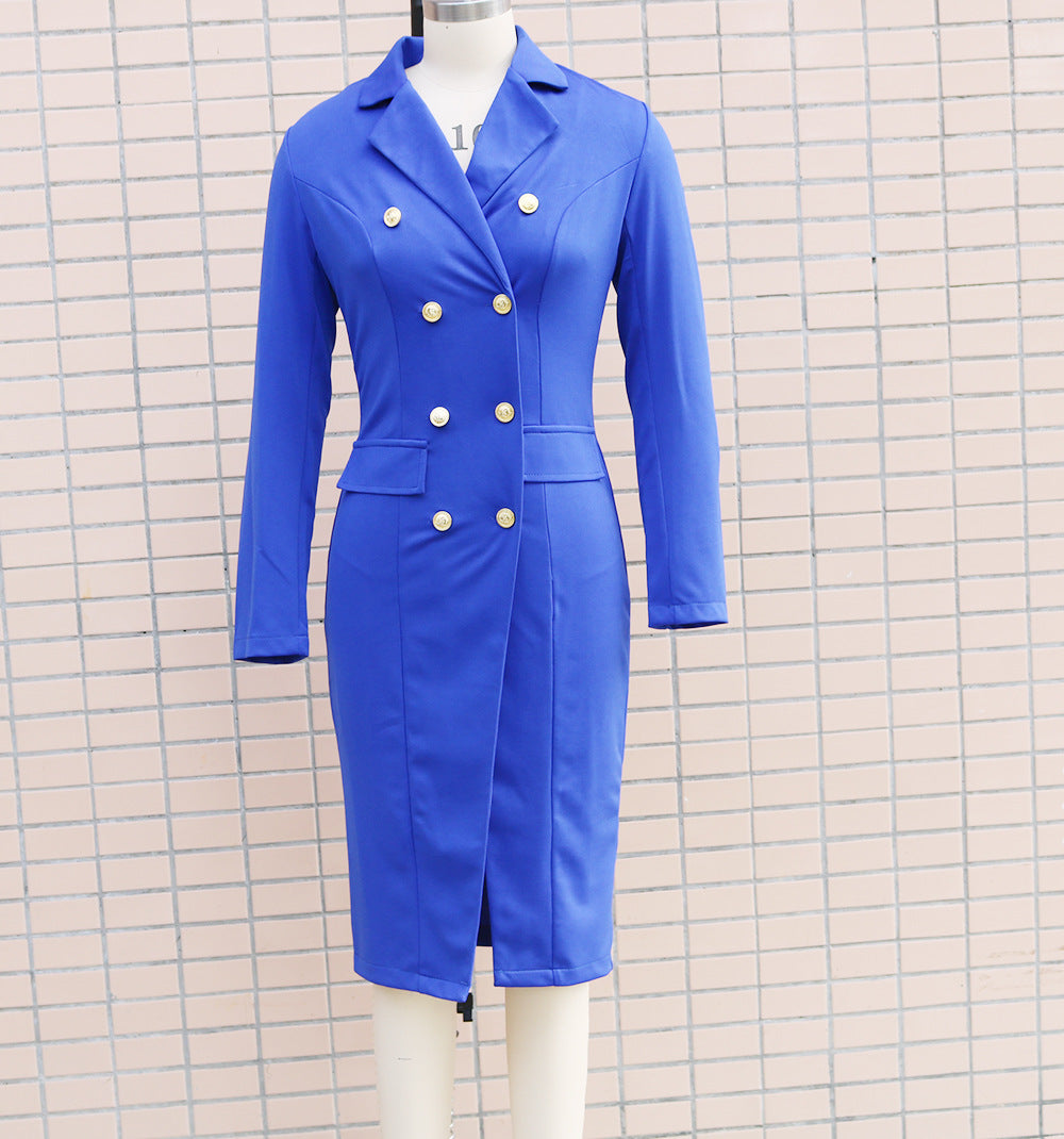 Women Autumn and Winter Long Sleeve Double Breasted Blazer Dress 24