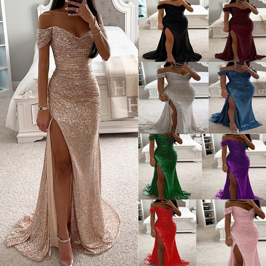 Women Sequin Off Shoulder Slit Dress 26