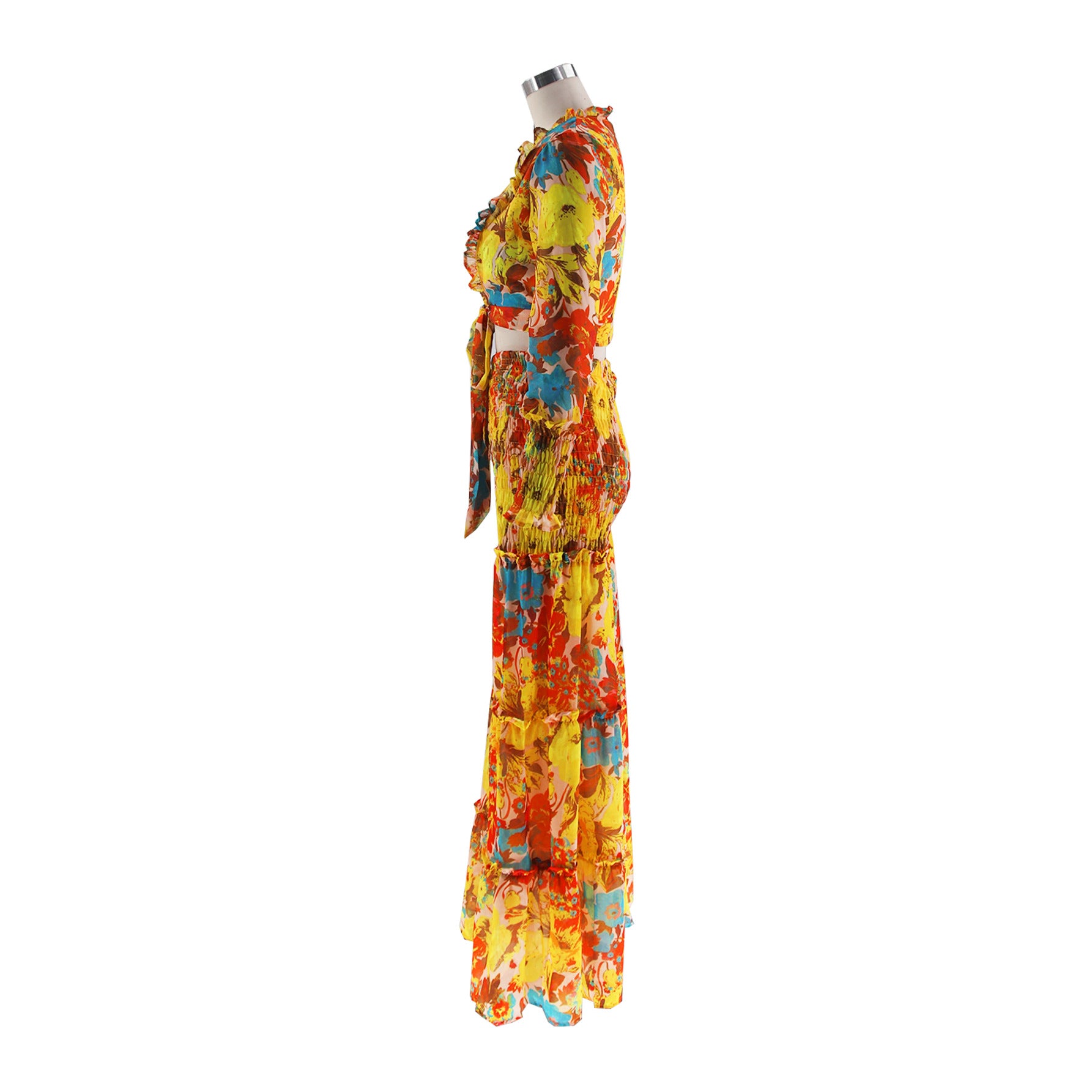 Women chiffon irregular printed long-sleeved top and wide-leg pants Casual two-piece set 24