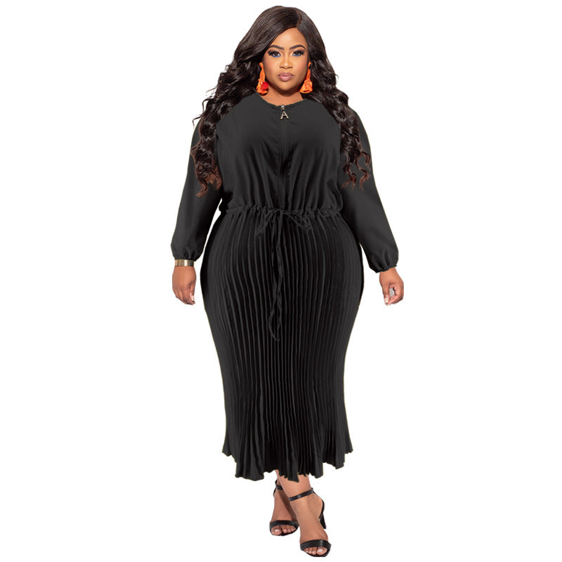 Plus Size Autumn Women's Zipper Round Neck Long Sleeve Pleated Dress 14