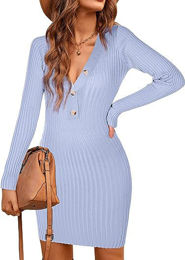 Women Knitting Fall and Winter Long Sleeve Bodycon V Neck Basic Sweater Dress 7