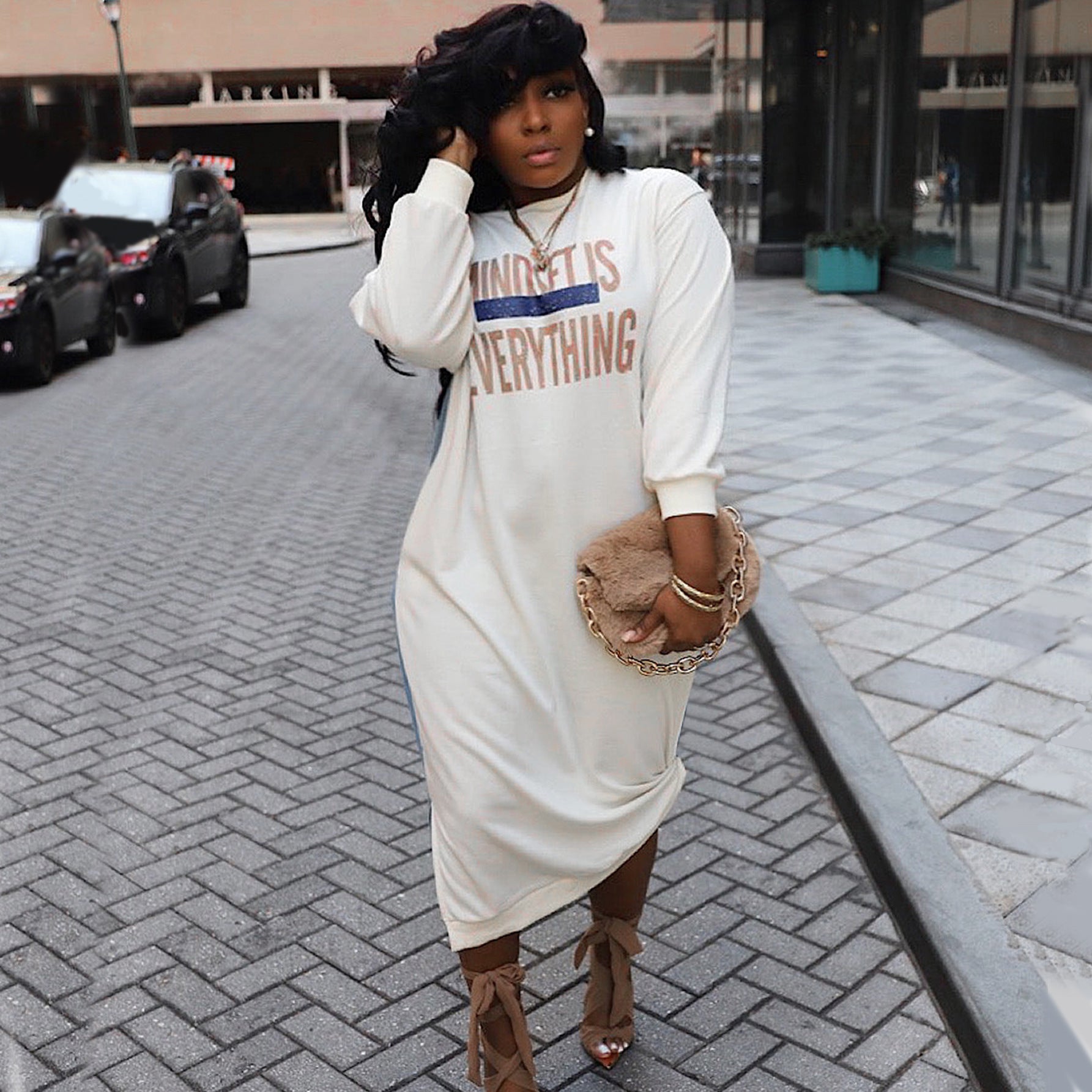 Plus Size Women's Casual Letter Print Contrast Color Loose Long Sleeve T-Shirt Dress 6