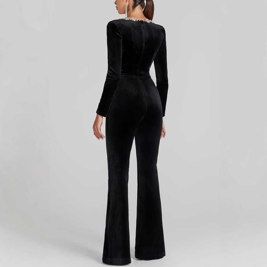 Diamond velvet square neck long sleeve high waist slim Bell Bottom Jumpsuit 4