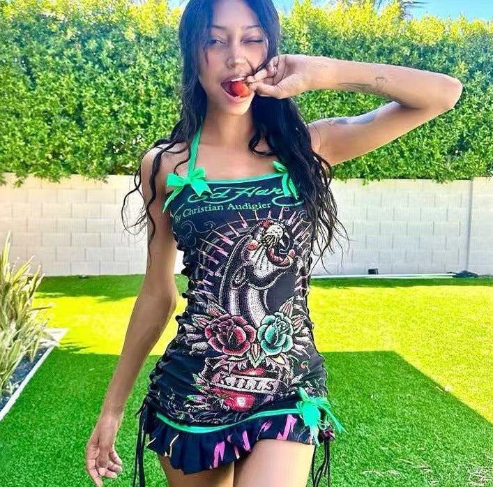 Fashion Print Lace-Up Strap Bodycon Short Dress 10