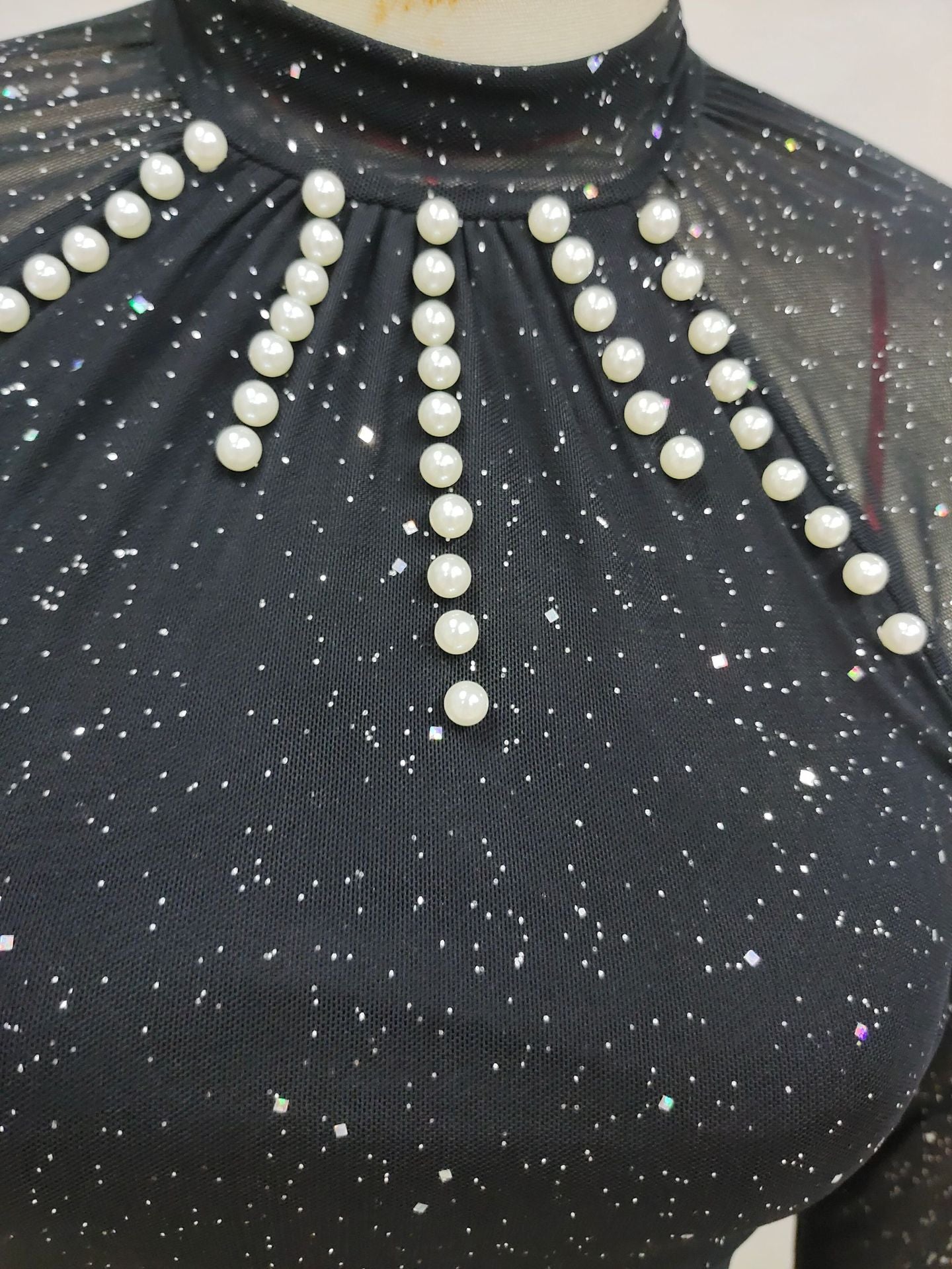 Sexy Fashion Pearl Glitter Tight Fitting Mesh Dress 6