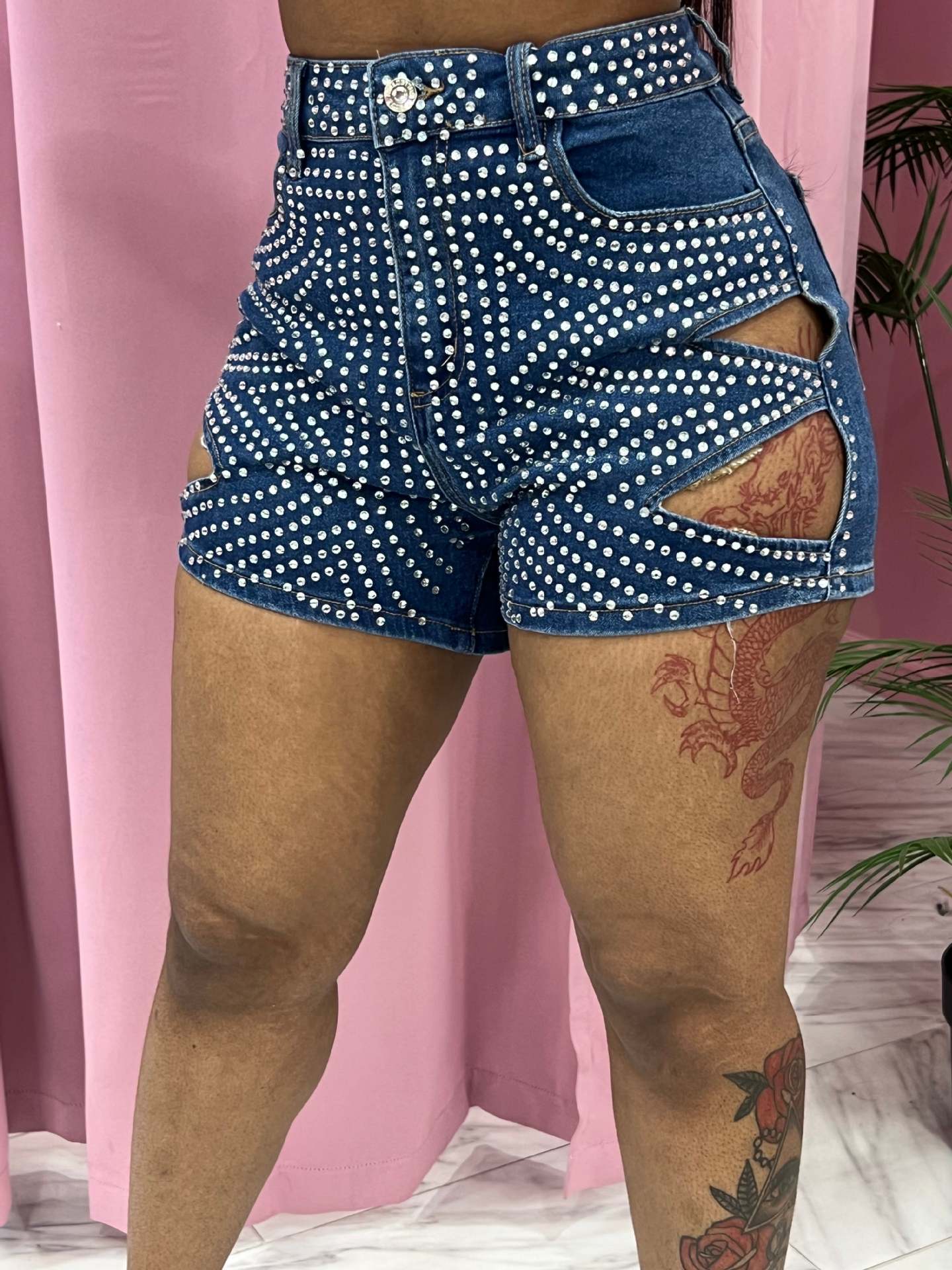 Women's Summer Beaded Ripped Washed Tight Fitting Sexy Stretch Denim Pants 14