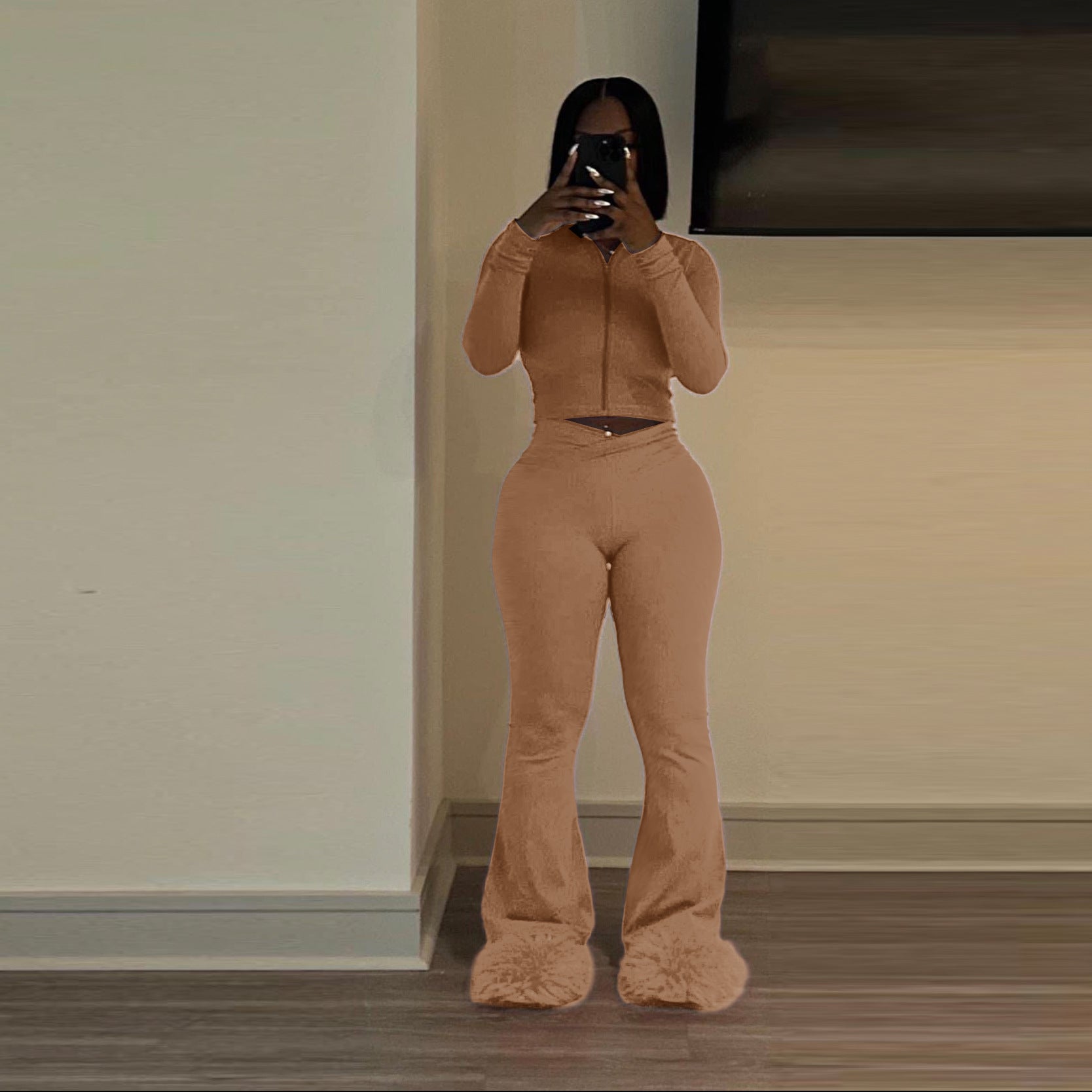 Women Solid Stretch long sleeve Top and Pant two-piece set 3