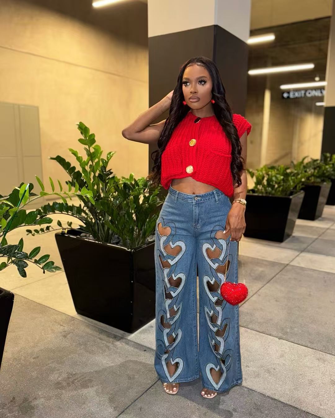 Women Stretchy Hollow Embroidery Heart Print Denim Pants 5