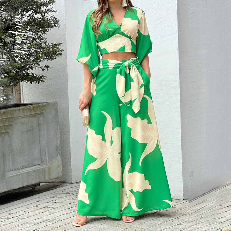 Women v-neck lantern sleeve short top and wide-leg pants two-piece set 3