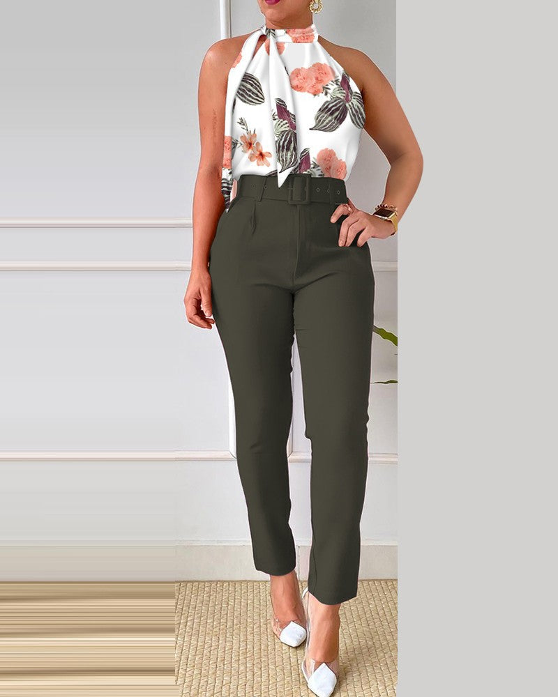 Spring Print Fashion Casual Elegant Sleeveless Two Piece Pants Suit 15