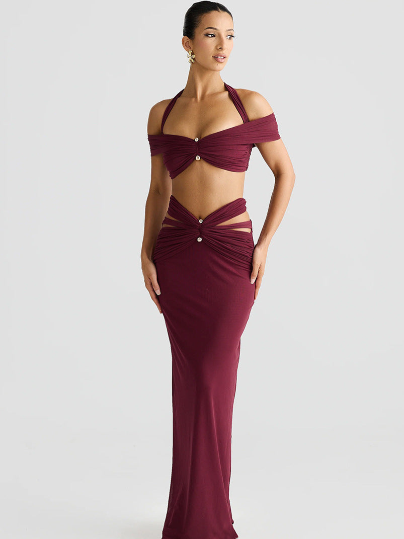 Women's Summer Sexy Halter Neck Off Shoulder Crop Top & Slim Fit Skirt Set 5