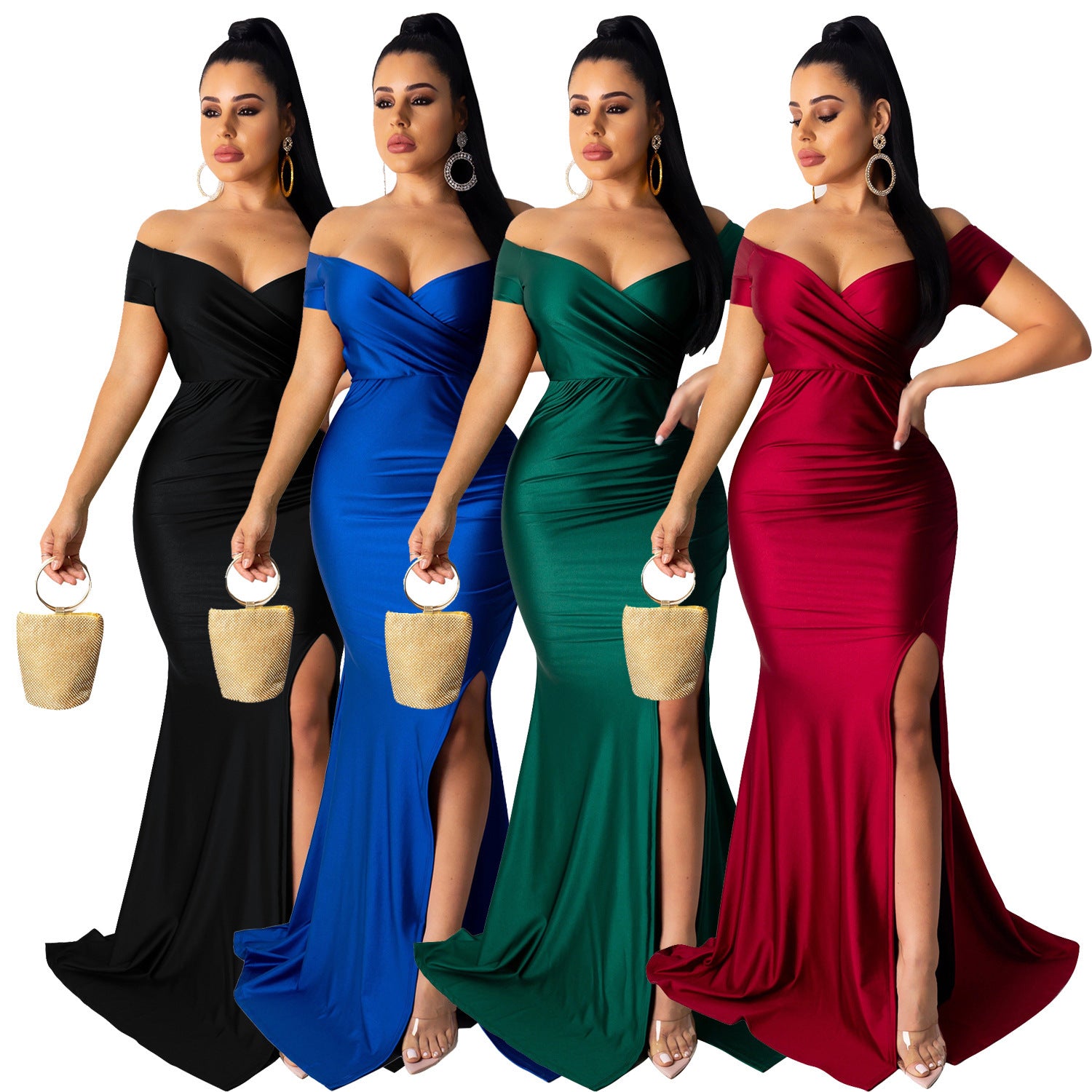 Women Short Sleeve French Sexy V-Neck Evening Dress solid Split Long Dress 13