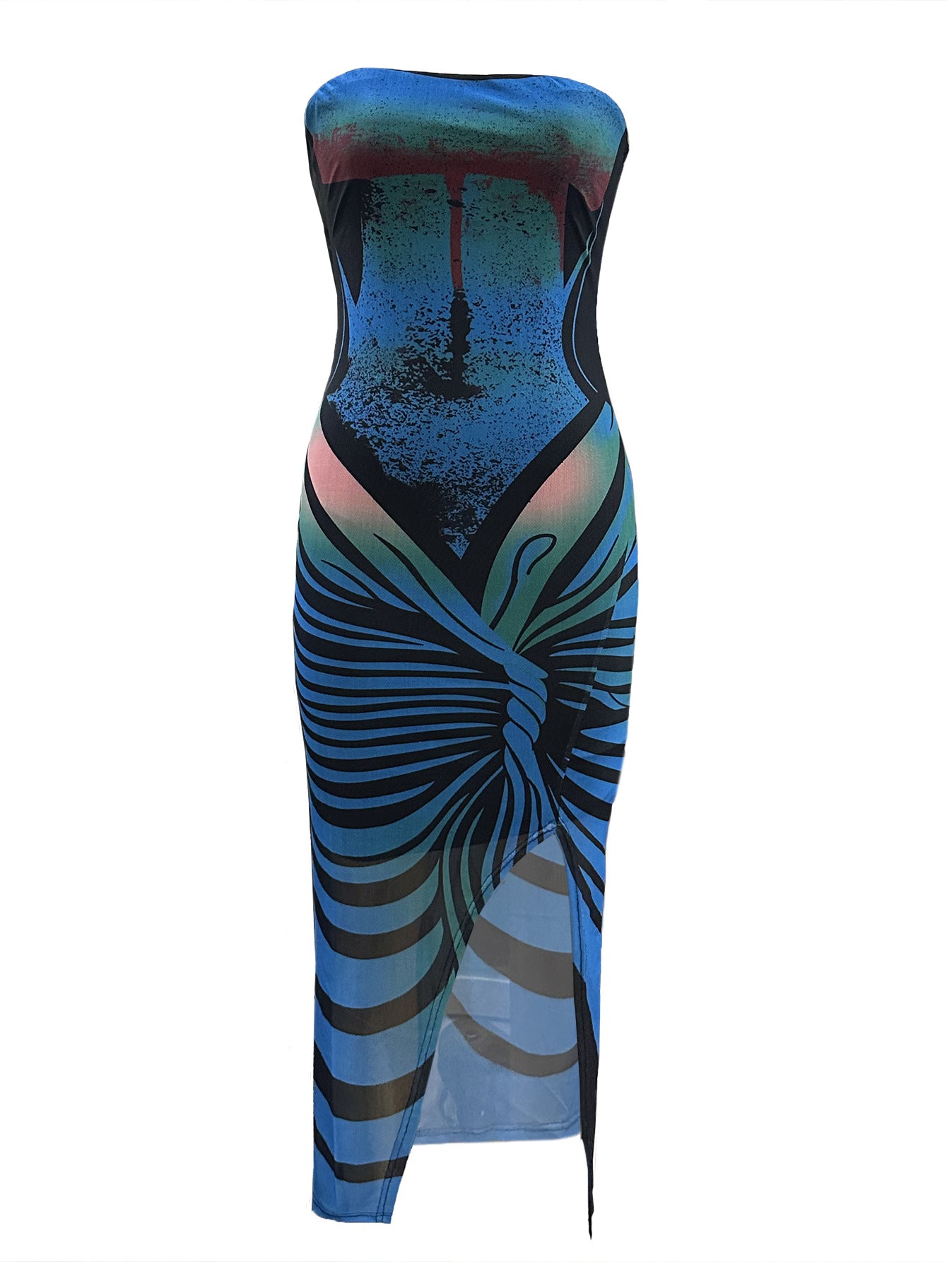 Women mesh printed slit sexy Maxi Dress 8