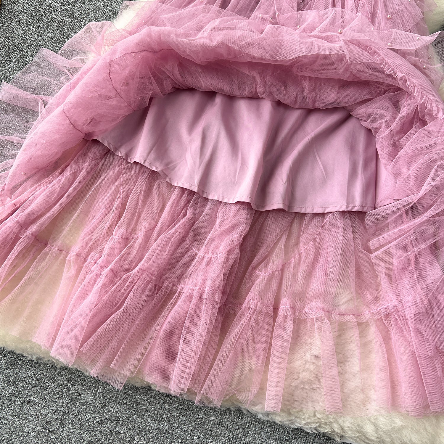 Women French Beaded Embroidered Short Sleeve Puffy Mesh Dress 16