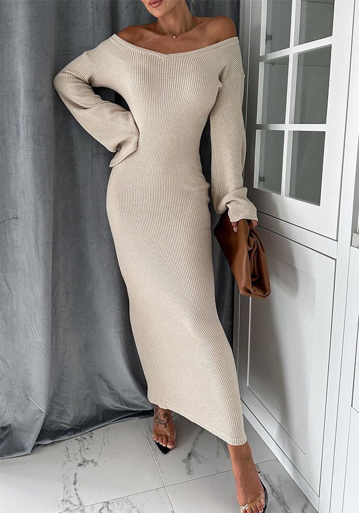 Winter and Spring knitting v-neck long sleeve Chic elegant long dress for women