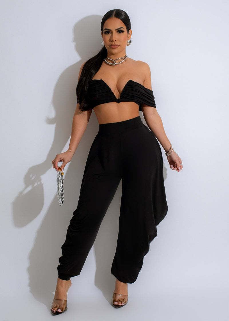Sexy Off Shoulder Deep V Pleated Top Trousers Two Piece Set