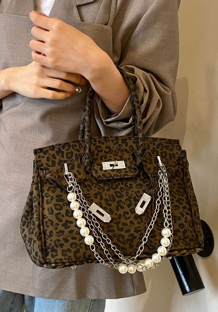 Women French leopard platinum handbag pearl chain shoulder messenger bag