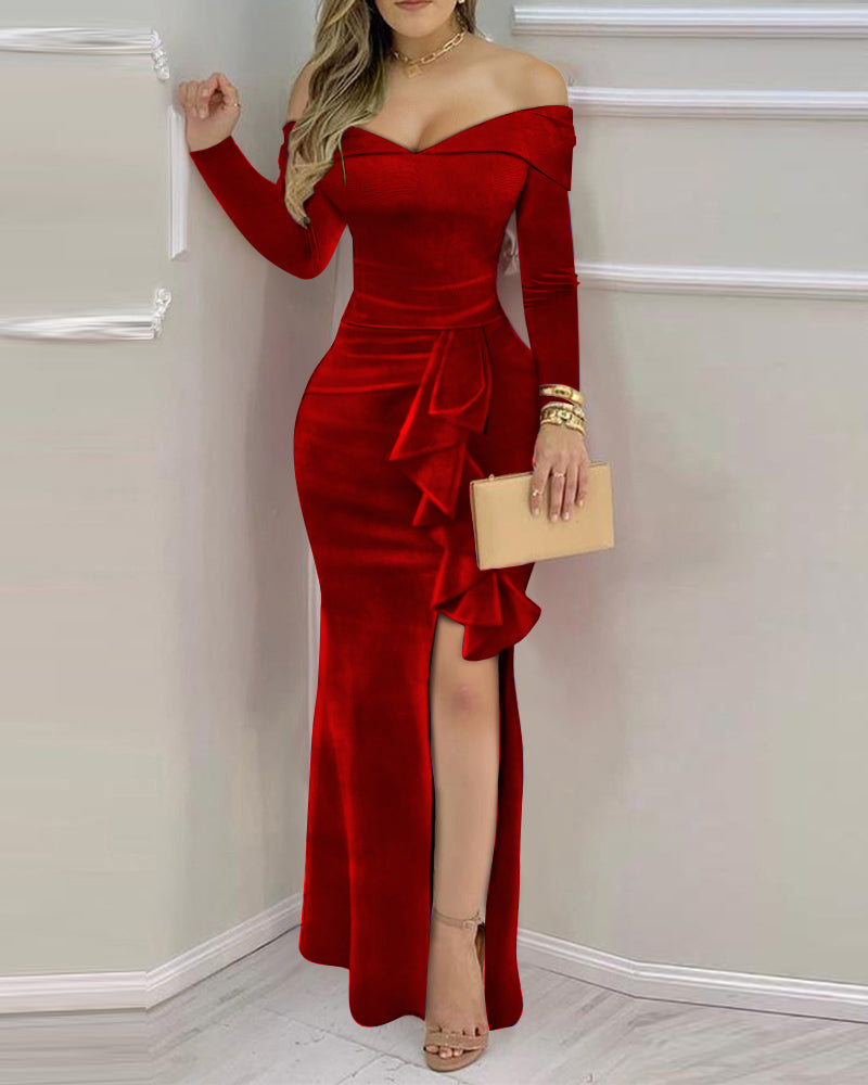 Women Velvet Off Shoulder long sleeve slit dress